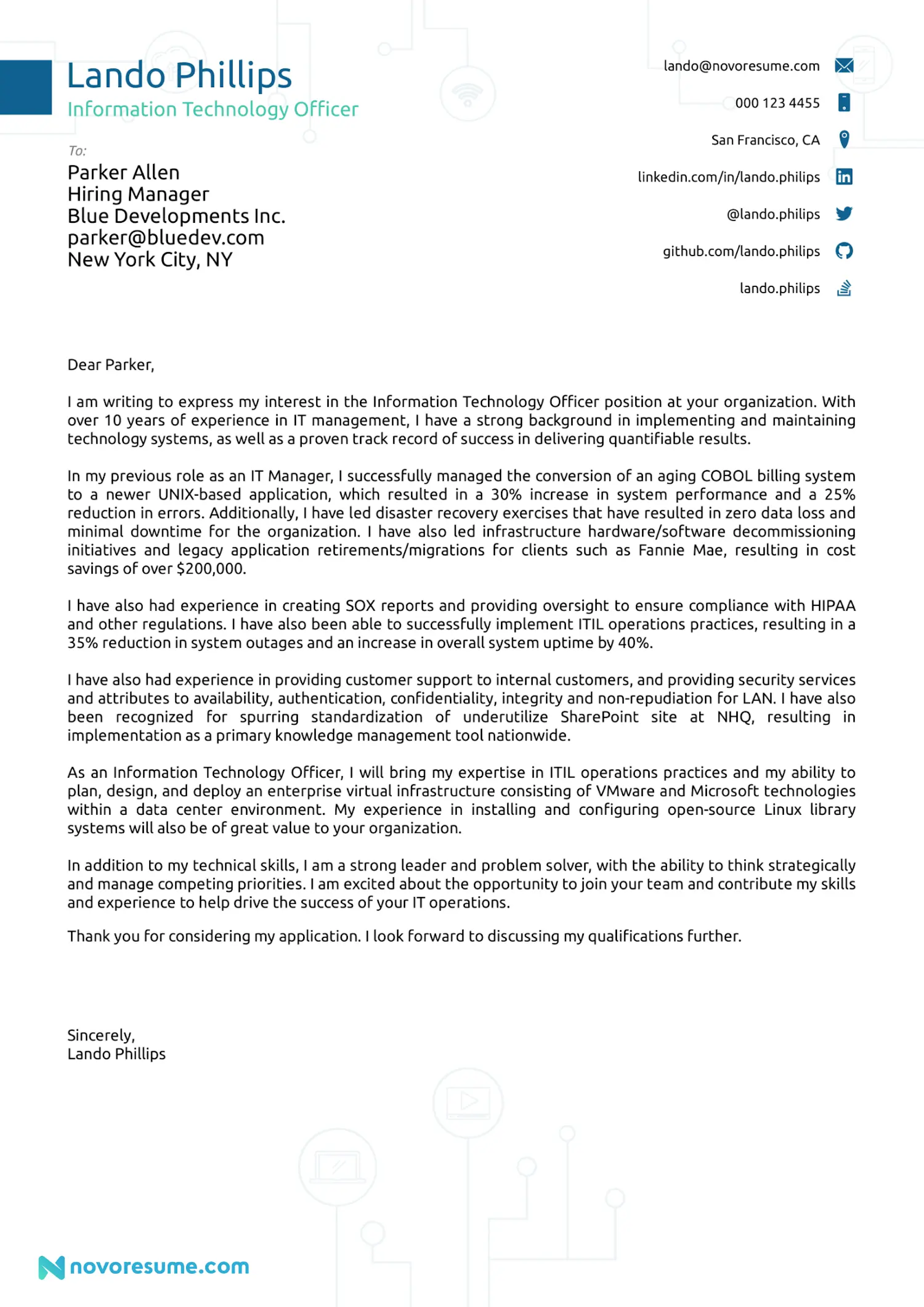 IT Specialist Cover Letter Template